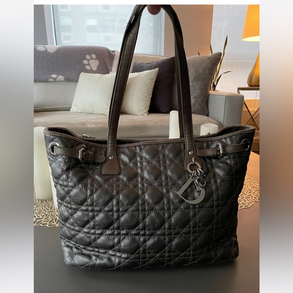 ✨SOLD✨Christian Dior Panarea Cloth Quilt Metallic Gray Tote Bag Silver Hardware - Picture 7 of 16